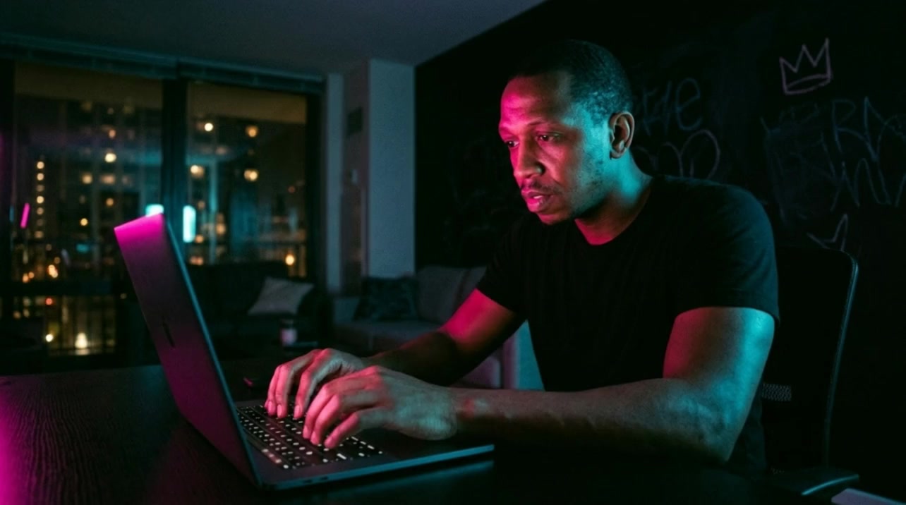 Michael Bass at his laptop in a dark room, lit by pink and cyan screen glow